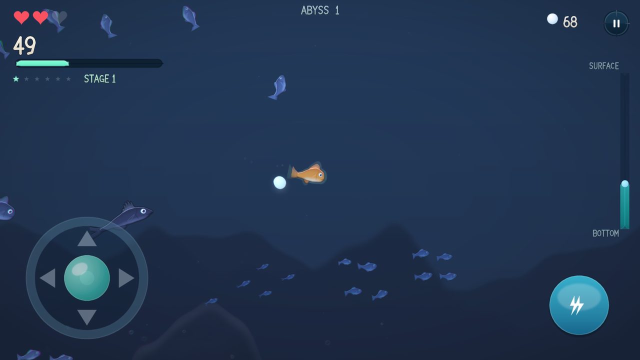 The Abyss zone: near-black water with faint silhouettes and glowing fish.