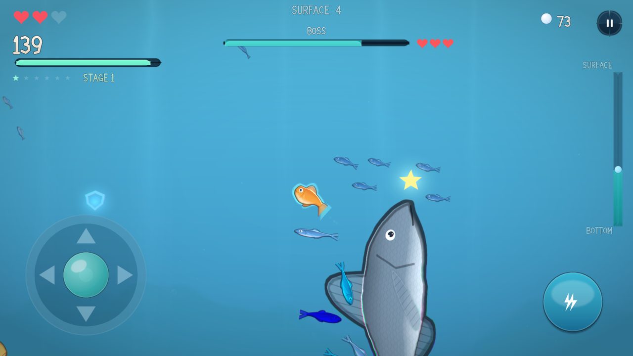 Boss encounter with a giant barracuda and a boss health bar on screen.