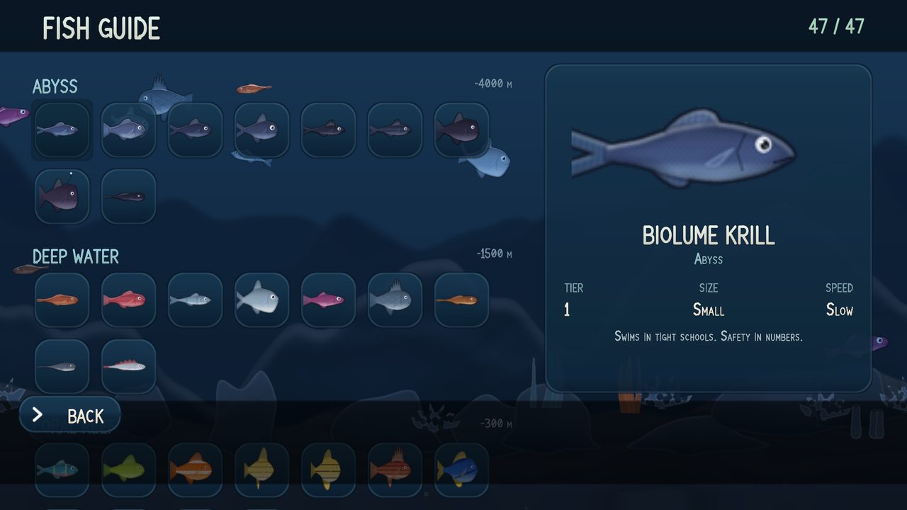 In-game fish guide showing collected species by zone with a detail card for the selected fish.