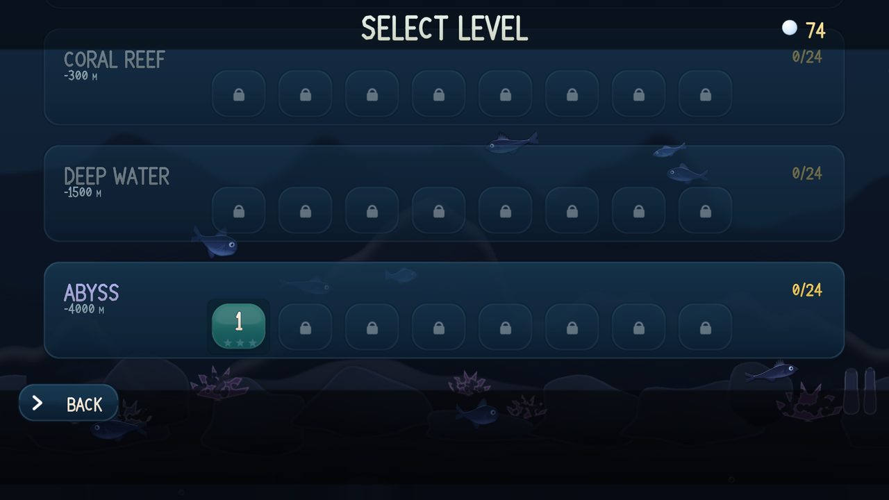 Level selection map with five ocean zones stacked vertically, eight levels each.
