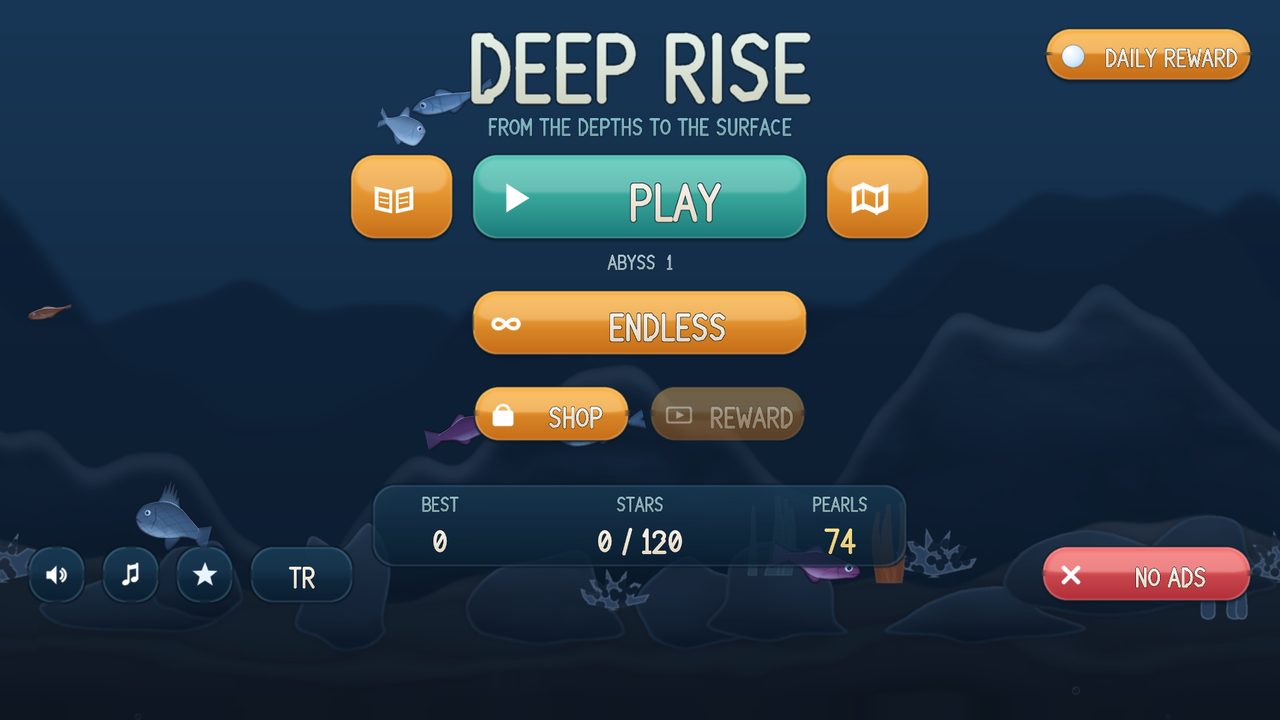 Main menu over a living underwater scene with swimming fish.