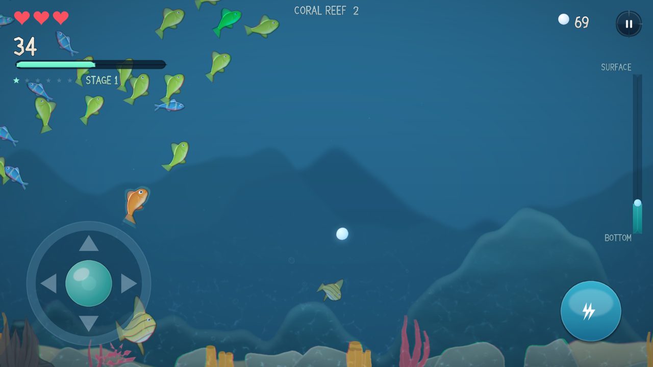 Deep Rise gameplay in the Coral Reef zone: schools of fish over a sandy seabed with corals and kelp.